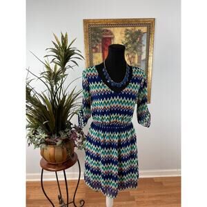 Rue 21 A-Line Dress Women Small Multi Chevron Print Gathered Waist Boho Eclectic